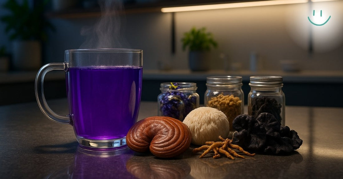 A steaming glass mug of vibrant purple adaptogenic tea sits on a modern kitchen counter, surrounded by fresh Reishi, Lion’s Mane, Cordyceps, Black Fungi mushrooms, and jars of herbal ingredients.