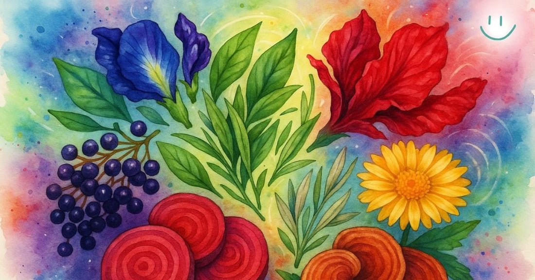 Watercolor collage of antioxidant tea ingredients, including butterfly pea flower, hibiscus, sencha leaves, elderberry, beet root, reishi mushroom, and chrysanthemum, on a vibrant background.