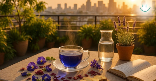 Glass cup of vibrant blue tea with butterfly pea flowers, ginger slices, lavender plant, and open book on a rooftop table at sunset, with city skyline in the background.