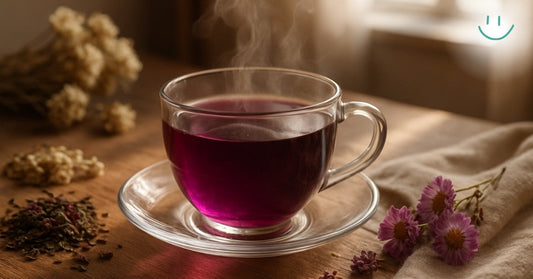 Steaming glass cup of dark purple tea on a wooden surface with flowers and herbs.