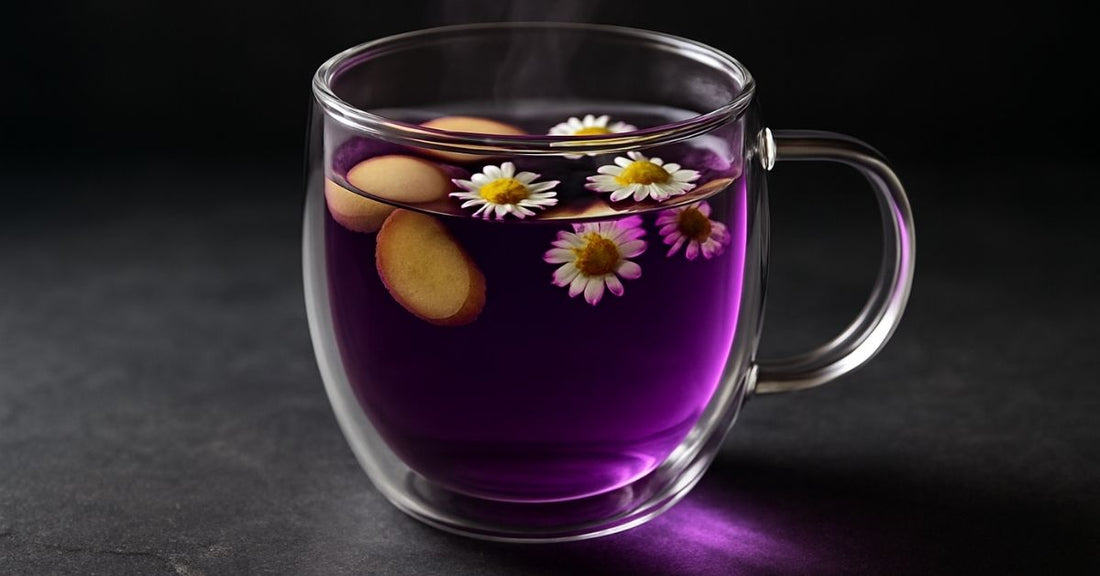 Glass mug of vibrant purple herbal tea for digestion with floating ginger slices and chamomile flowers, set on a dark stone surface with subtle light refraction
