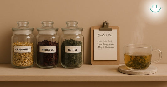 Herbal Tea Recipes setup with labeled jars of chamomile, hibiscus, and nettle beside a tea cup and recipe card.
