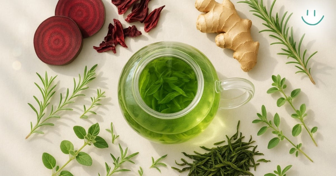 Glass teapot with green tea, surrounded by beet root, hibiscus, ginger, and fresh herbs on a light background.