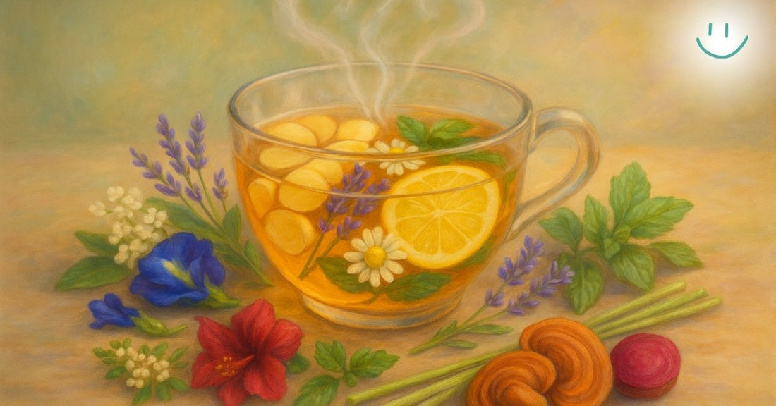 A glass cup of herbal tea with lemon, surrounded by fresh flowers, herbs, and mushrooms, in a soft painterly style.