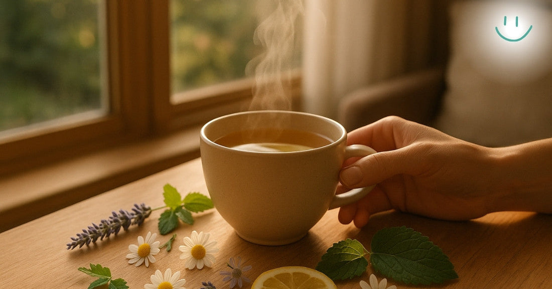 Hand holding a steaming cup of herbal tea on a wooden table with chamomile flowers, lemon, and fresh herbs.