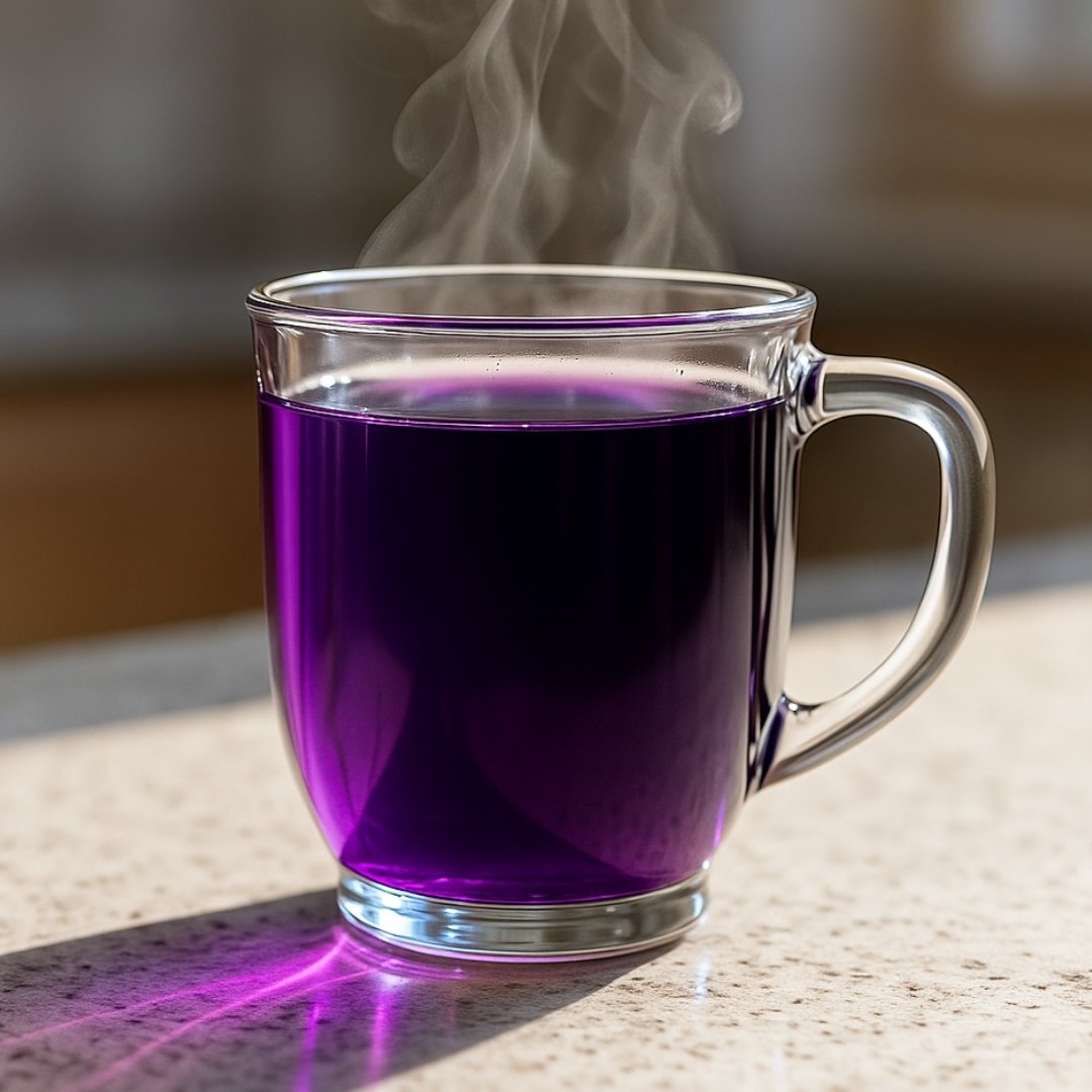 Steaming glass mug of vibrant purple Tea for Life on a white granite countertop, with sunlight casting purple reflections.