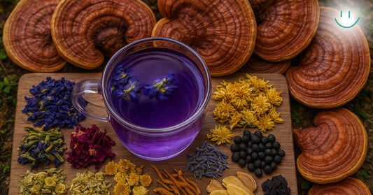 a clear glass mug filled with vibrant purple tea, placed on a wooden board surrounded by dried herbal ingredients, with a strong focus on multiple reishi mushrooms in the background
