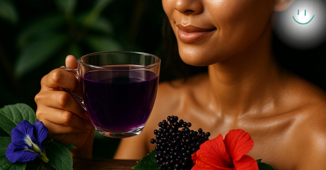 Woman with glowing skin holding a glass of antioxidant tea for skin made from hibiscus, butterfly pea, and elderberry.