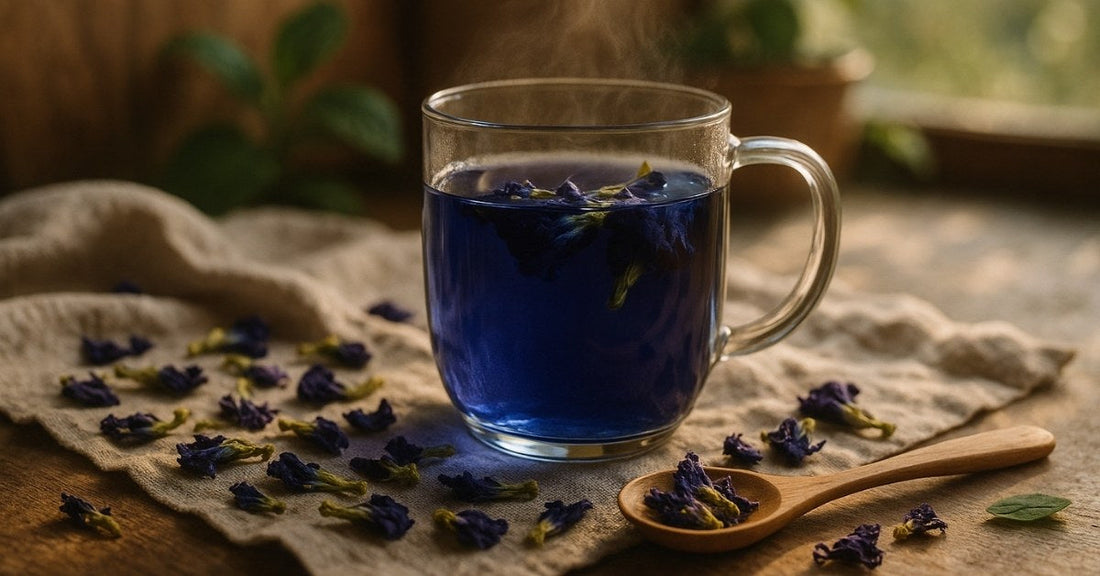 A glass mug of vibrant blue butterfly pea flower tea sits on a linen cloth, surrounded by dried butterfly pea blossoms and a wooden spoon