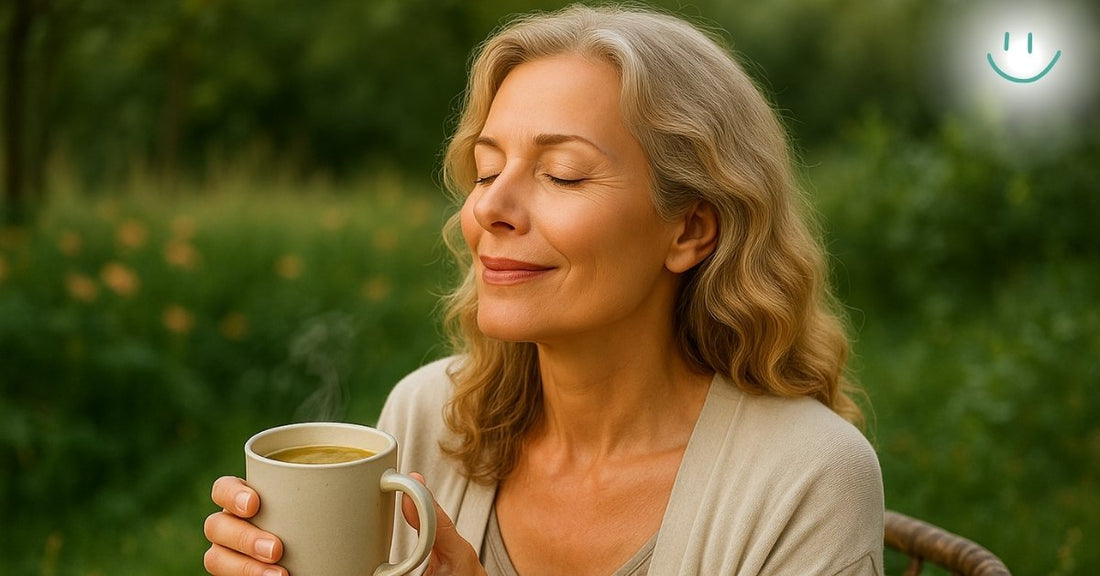 Woman holding a mug of tea with a blurred green outdoor background