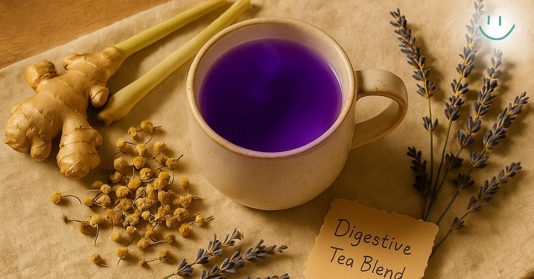 Warm mug of purple herbal tea labeled “Digestive Tea Blend,” surrounded by fresh ginger root, lemongrass, dried chamomile, and lavender sprigs on a natural beige cloth, evoking a calm, handmade, and holistic wellness vibe.
