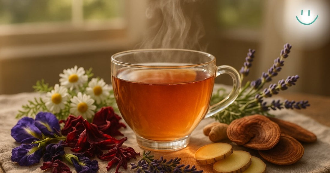 Steaming cup of tea on a wooden table with flowers and slices of various herbs.