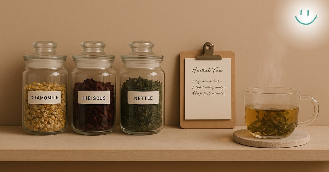 Herbal Tea Recipes setup with labeled jars of chamomile, hibiscus, and nettle beside a tea cup and recipe card.