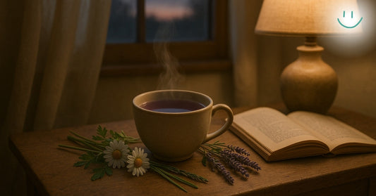A warm, calming nighttime scene with a steaming cup of herbal tea on a wooden bedside table, surrounded by fresh chamomile flowers and lavender sprigs.