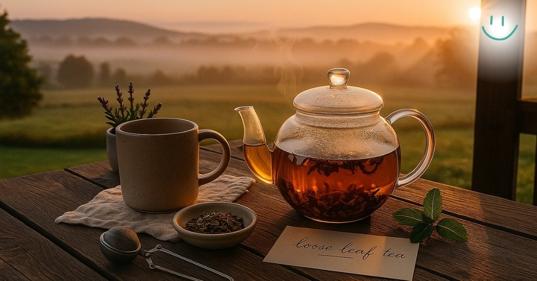 Glass teapot steeping loose leaf tea on a wooden table at sunrise, with a ceramic mug, tea infuser, herbs, and a handwritten note labeled “loose leaf tea.”