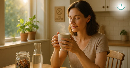 Woman enjoying herbal tea in a sunlit kitchen with a “No Coffee” sign behind her, illustrating how to fix a caffeine crash naturally.