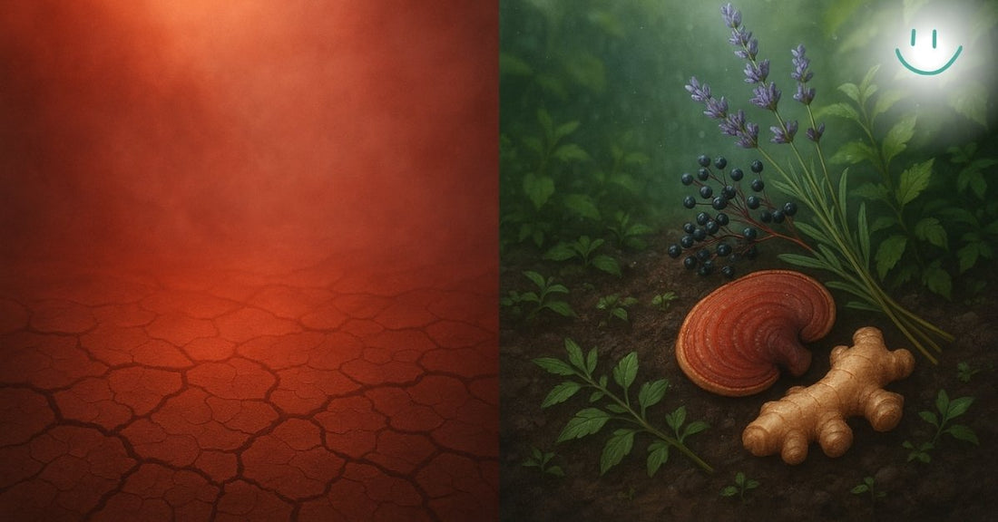 Visual metaphor of how to reduce inflammation naturally — left side shows a dry, red, inflamed surface under harsh light; right side transitions to cool, green earth with healing herbs including lavender, elderberry, reishi mushroom, and ginger root.