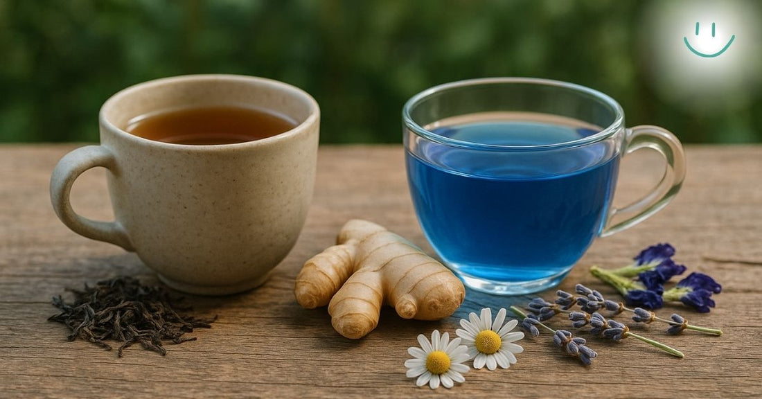 Two cups of tea on a wooden table — one dark traditional tea in a ceramic mug and one vibrant blue herbal tea in a glass cup — surrounded by fresh ginger, chamomile flowers, lavender, butterfly pea flowers, and loose tea leaves.