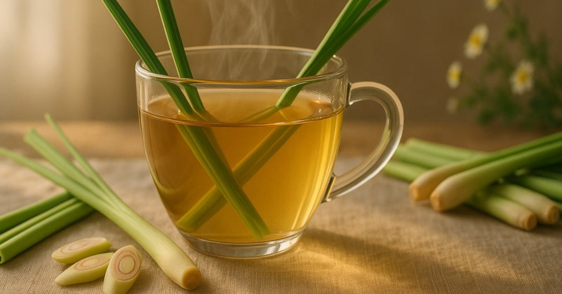 A clear glass cup filled with warm golden lemongrass tea, with fresh lemongrass stalks placed inside the cup and scattered around it. 