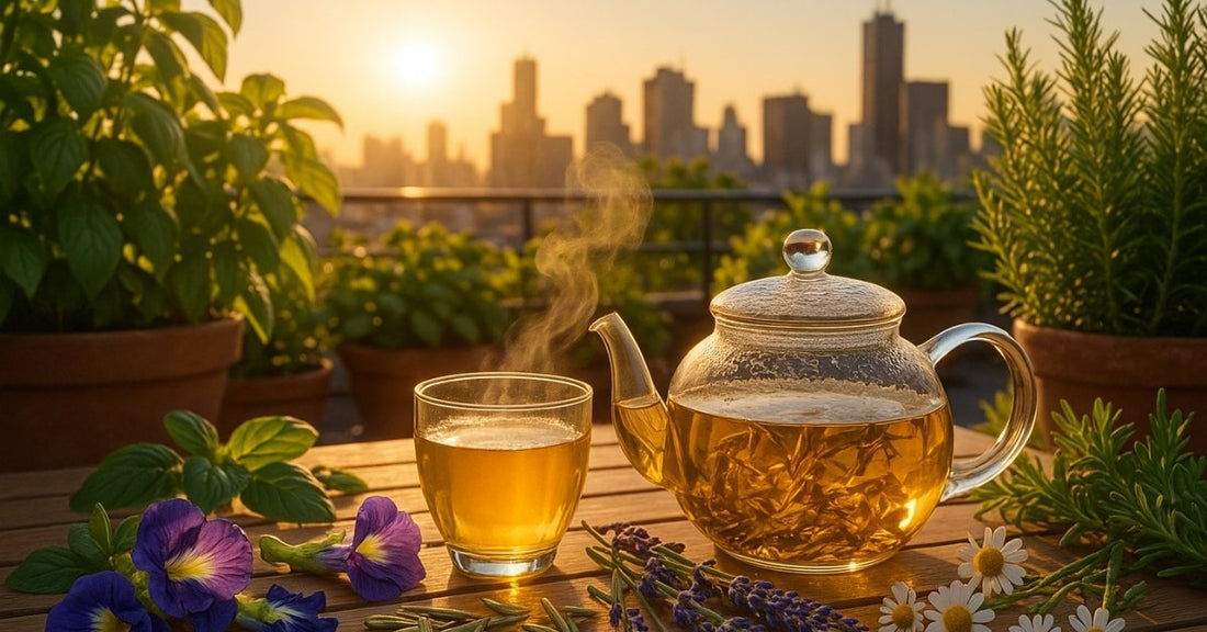 Tea being poured into a glass on a rooftop with city skyline in the background