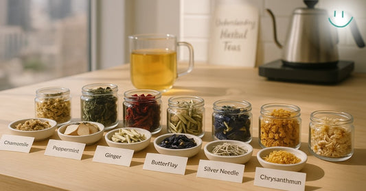 Modern kitchen setup featuring nine herbal teas—chamomile, peppermint, ginger, butterfly pea flower, silver needle, and chrysanthemum—each labeled and displayed in jars or bowls, with a glass mug of tea and kettle in the background.